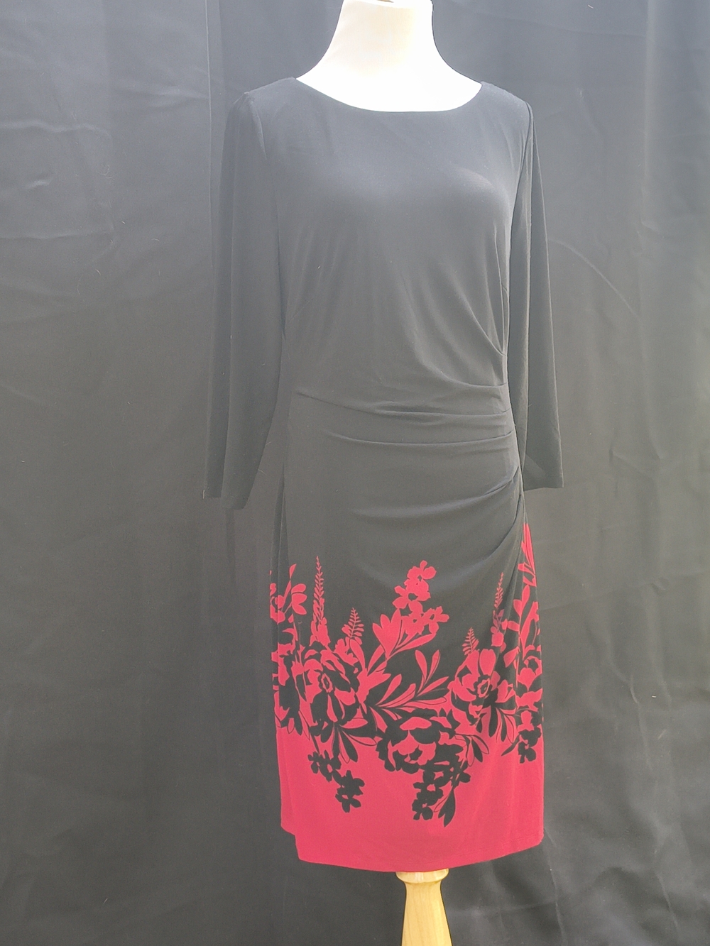 Anne Klein Black Long-Sleeve Sheath Dress with Red Floral Border